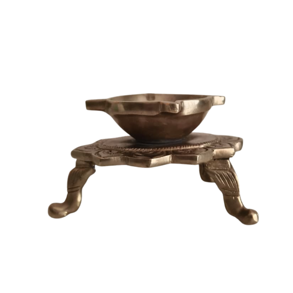 Handcrafted Lotus Pedestal Brass Diya | Traditional Tabletop Oil Lamp with Ornamental Legs   Brass Artwork