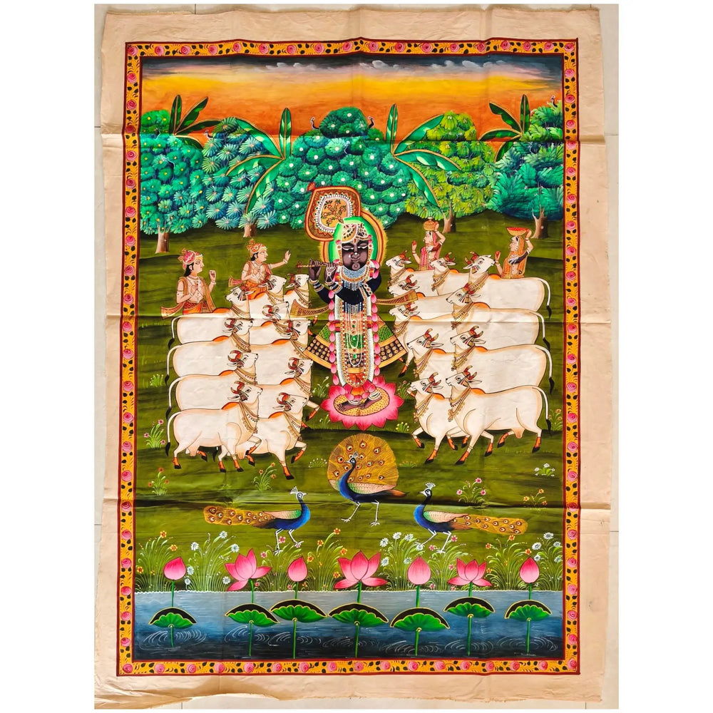 Traditional Shrinathji Pichwai Painting - Krishna with Gopis, Cows, and Peacocks   Paintings