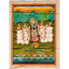 Traditional Shrinathji Pichwai Painting - Krishna with Gopis, Cows, and Peacocks   Paintings