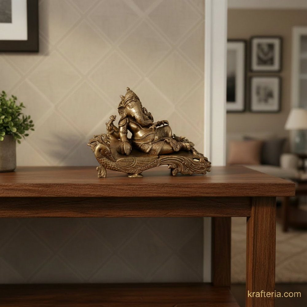 Brass Reclining Ganesha Statue – Traditional Relaxed Ganesha on Peacock Couch Idol   Brass Artwork