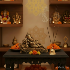 Brass Reclining Ganesha Statue – Traditional Relaxed Ganesha on Peacock Couch Idol   Brass Artwork