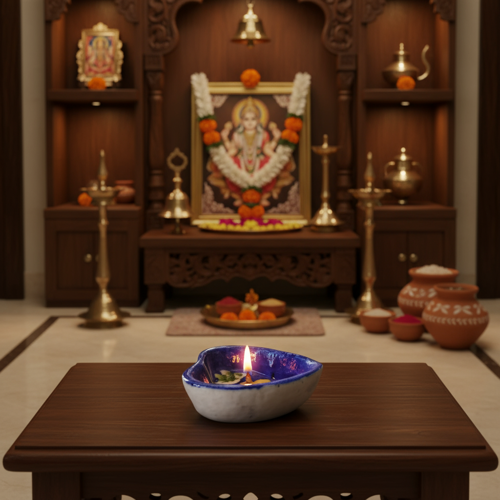 Heart-Shaped Blue Pottery Diya | Floral Oil Lamp