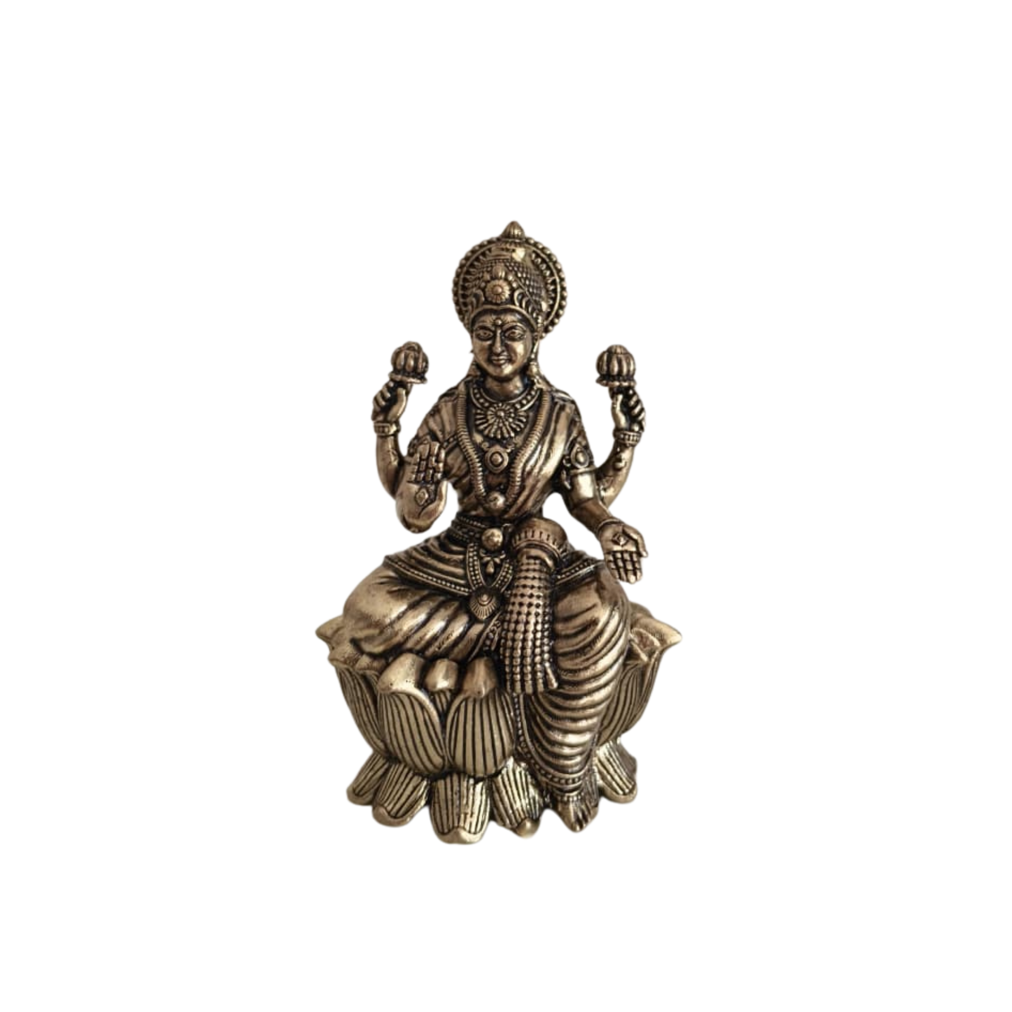 Classic Four-Armed Brass Lakshmi Idol Seated on Lotus - Symbol of Prosperity