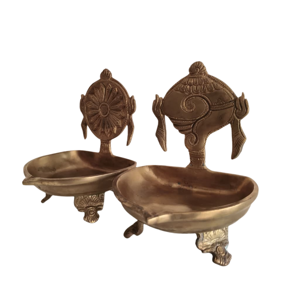 Handcrafted Brass Shankh Chakra Table Diya Set | Traditional Spiritual Oil Lamps   Brass Artwork