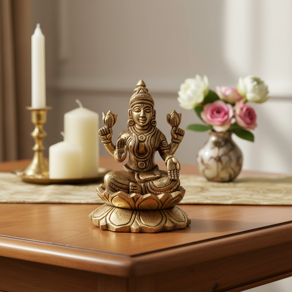Brass Idol of Goddess Lakshmi Seated on Lotus – Ashtalakshmi Form for Prosperity