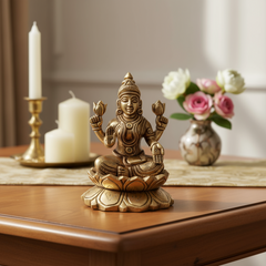 Brass Idol of Goddess Lakshmi Seated on Lotus – Ashtalakshmi Form for Prosperity