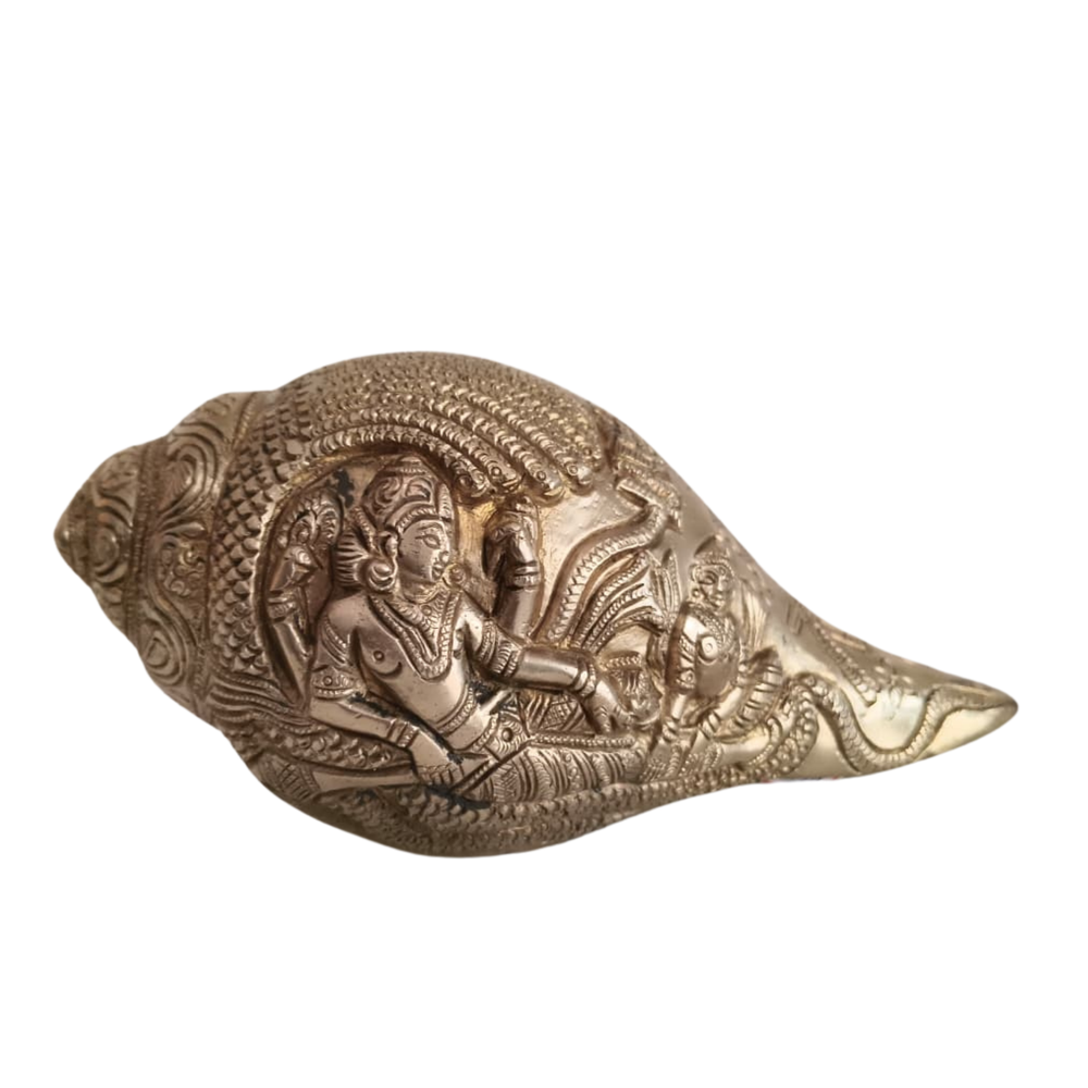 Handcrafted Brass Shankh with Vishnu Lakshmi Relief | Decorative Spiritual Conch Shell   Brass Artwork