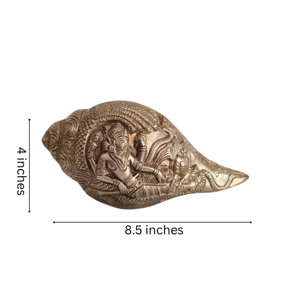 Handcrafted Brass Shankh with Vishnu Lakshmi Relief | Decorative Spiritual Conch Shell   Brass Artwork