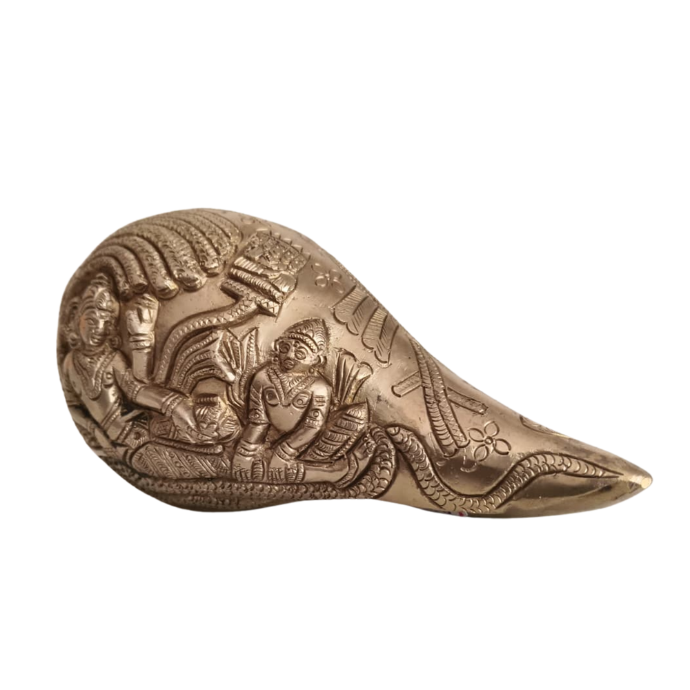 Handcrafted Brass Shankh with Vishnu Lakshmi Relief | Decorative Spiritual Conch Shell   Brass Artwork