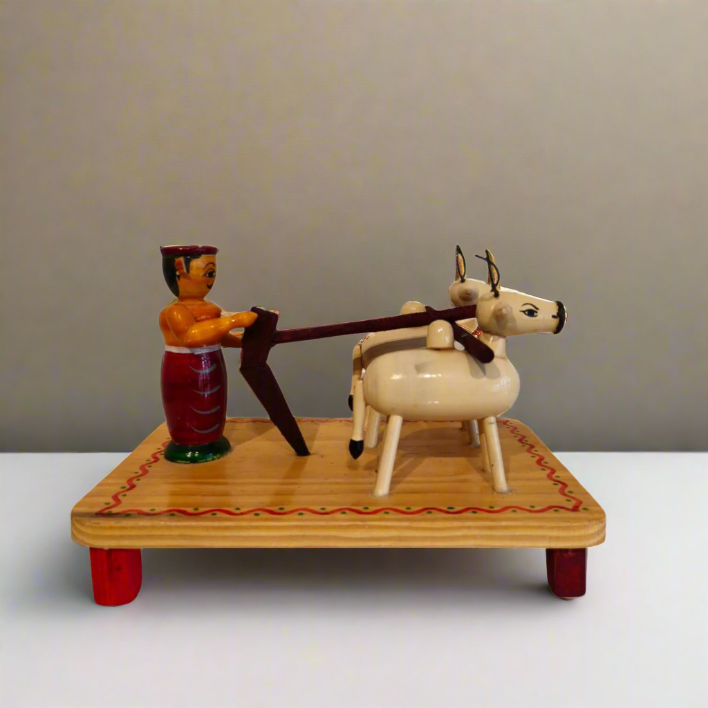 Etikoppaka Lacquer Wood Diorama - Traditional Farmer and Bull Ploughing Scene