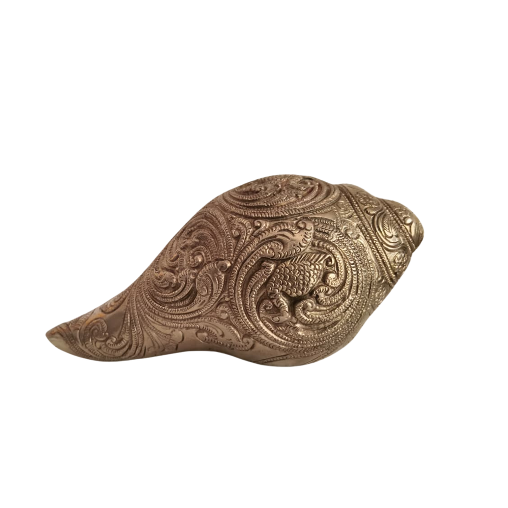 Handcrafted Brass Shankh with Vishnu Lakshmi Relief | Decorative Spiritual Conch Shell   Brass Artwork