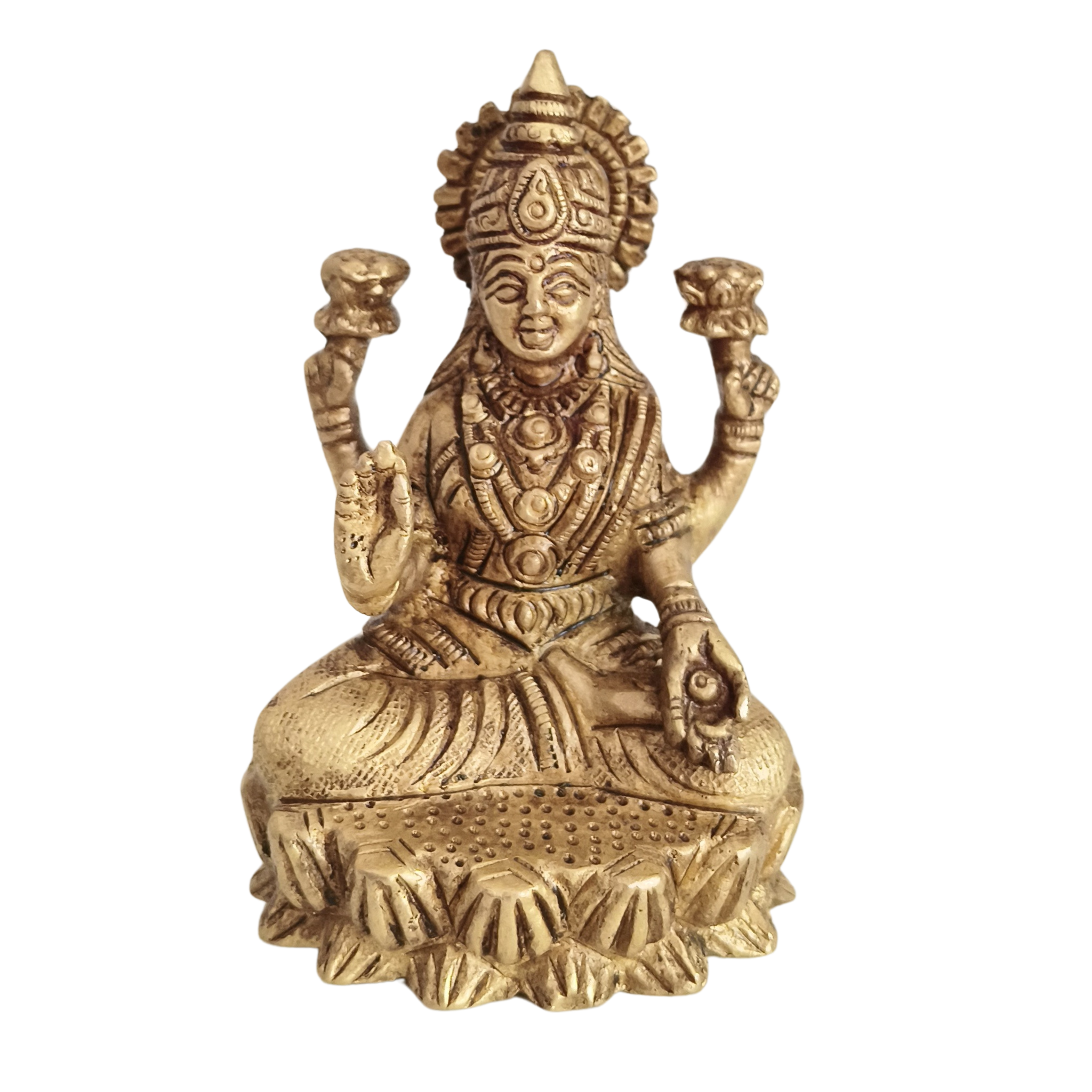 Brass Idol of Goddess Lakshmi Seated on Lotus - Four-Armed Deity