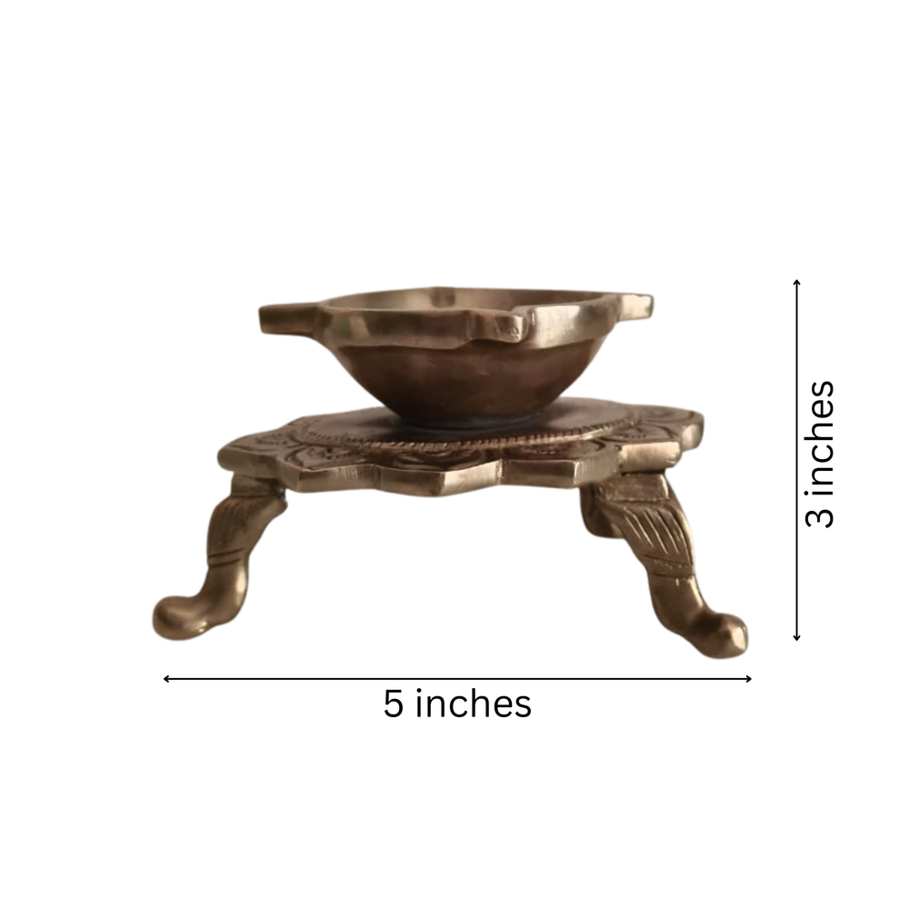 Handcrafted Lotus Pedestal Brass Diya | Traditional Tabletop Oil Lamp with Ornamental Legs   Brass Artwork
