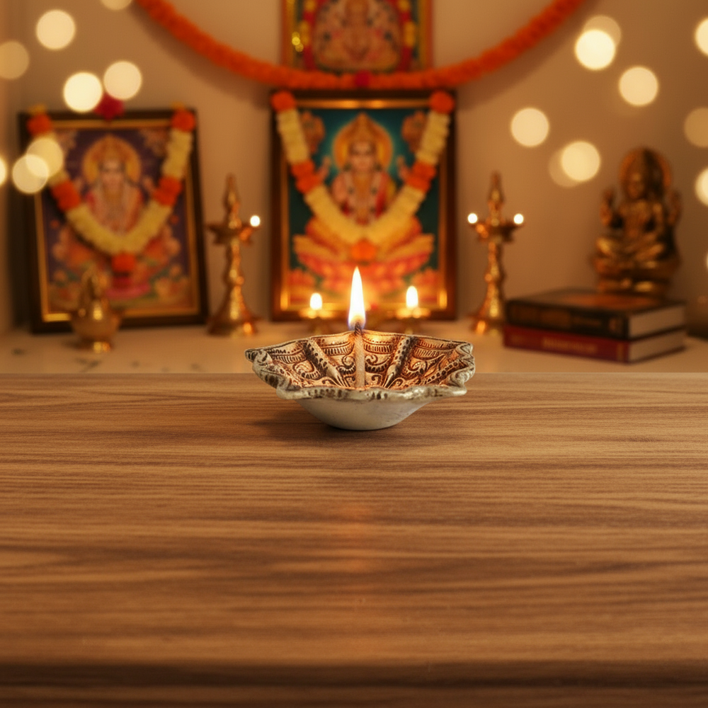 Top-down and side views of a small, star-shaped brass decorative bowl or diya, intricately embossed with patterns and a central Swastika symbol, on a white background.