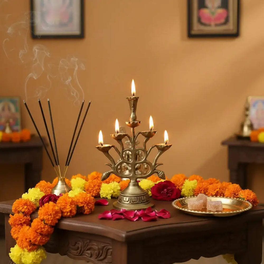 Ornate Brass Multi-Wick Diya Lamp with Peacock Motif - Traditional Pooja Item   Brass Ware