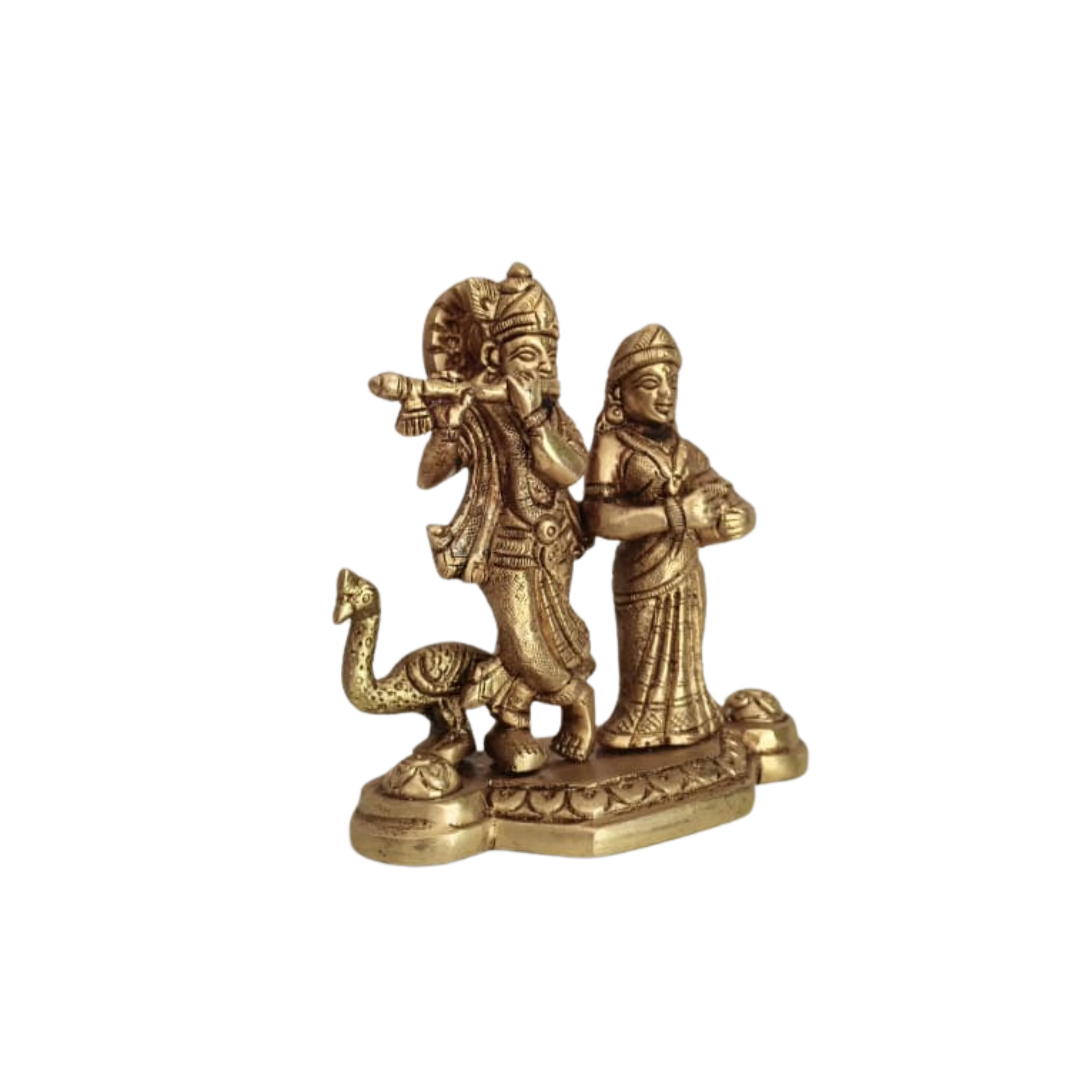Brass Radha Krishna Idol with Flute and Peacock – Symbol of Eternal Love and Devotion