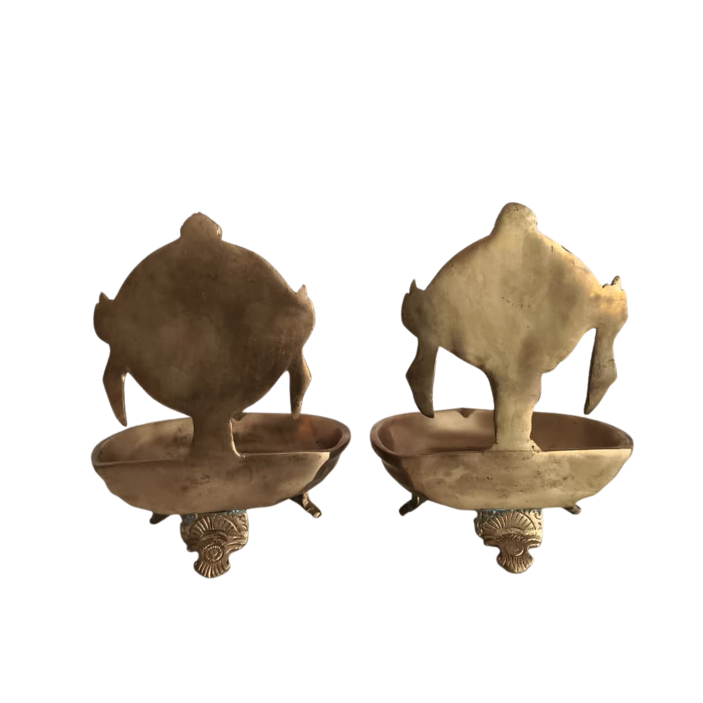 Handcrafted Brass Shankh Chakra Table Diya Set | Traditional Spiritual Oil Lamps   Brass Artwork