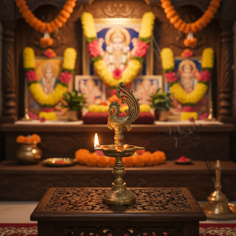 A golden brass traditional Indian oil lamp (Aishwarya Diya) on a stand, featuring a star-shaped deepak bowl and an ornate peacock figure at the top, against a light textured background.