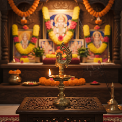 A golden brass traditional Indian oil lamp (Aishwarya Diya) on a stand, featuring a star-shaped deepak bowl and an ornate peacock figure at the top, against a light textured background.