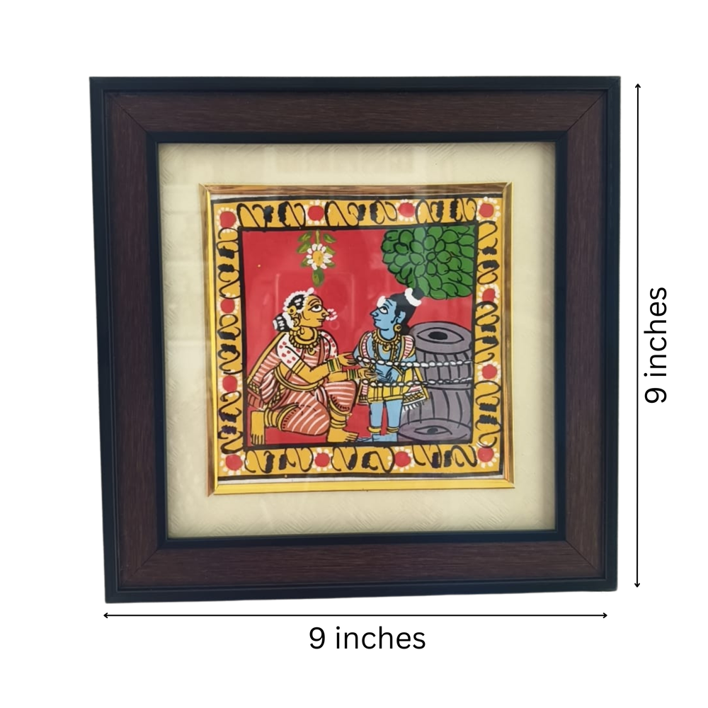 Yashoda Binding Child Krishna (Damodara Leela) - Hand-Painted Cheriyal Art   Cheriyala Painting