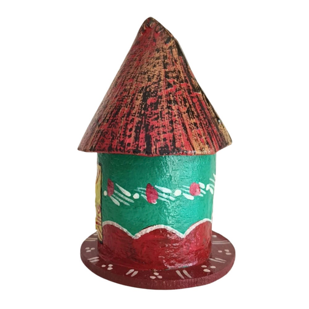Colorful Kondapalli village hut miniature crafted from lightweight softwood.
