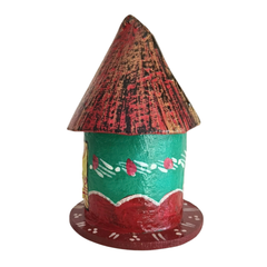 Colorful Kondapalli village hut miniature crafted from lightweight softwood.
