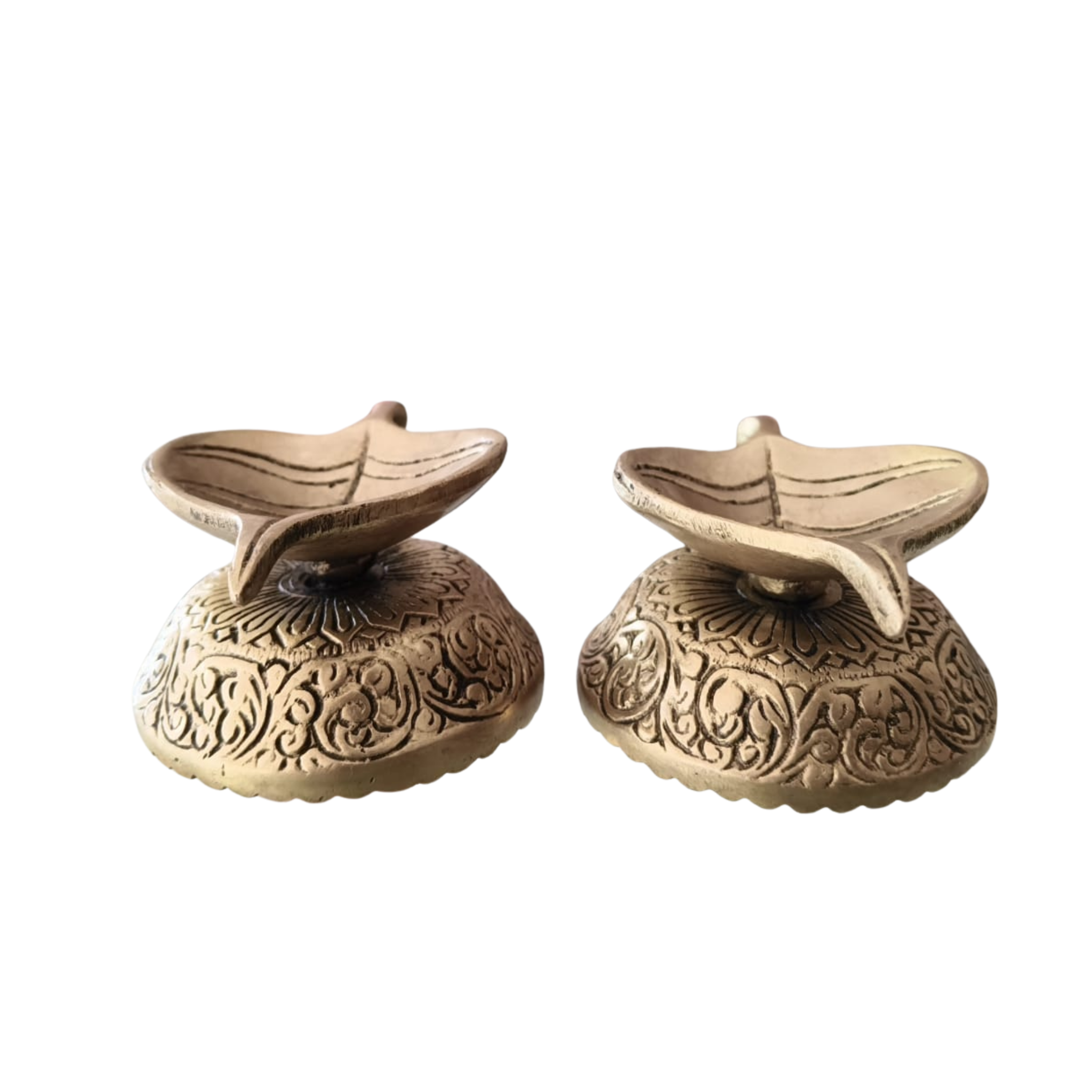 Pair of Ornate Brass Leaf-Shaped Diyas (Oil Lamps)