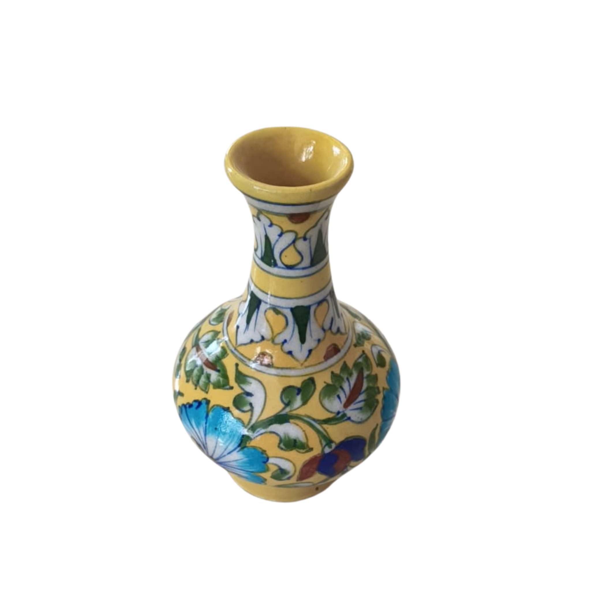Hand-Painted Yellow & Blue Pottery Floral Vase | Decorative Quartz Urn