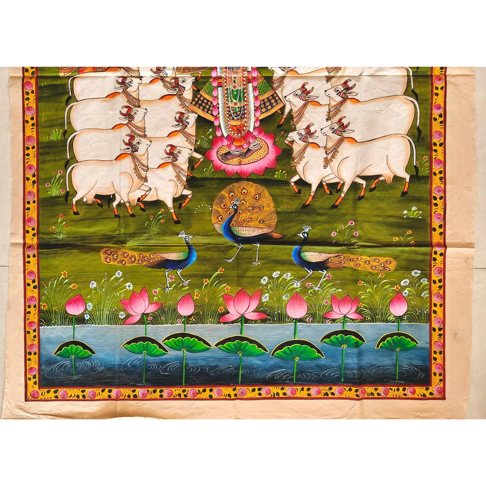 Traditional Shrinathji Pichwai Painting - Krishna with Gopis, Cows, and Peacocks   Paintings