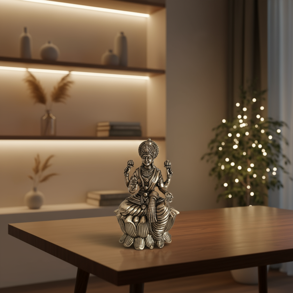 Classic Four-Armed Brass Lakshmi Idol Seated on Lotus - Symbol of Prosperity