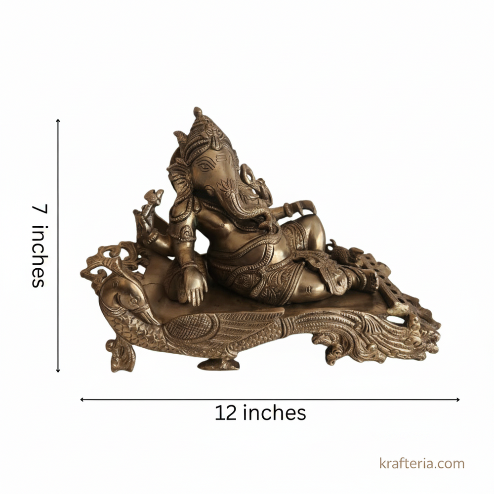 Brass Reclining Ganesha Statue – Traditional Relaxed Ganesha on Peacock Couch Idol   Brass Artwork
