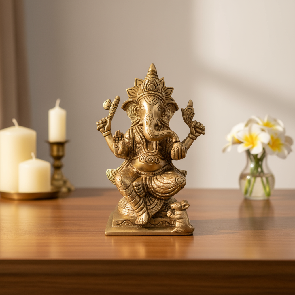 Divine Brass Lord Ganesha Idol – Symbol of Wisdom, Prosperity, and Auspicious Beginnings