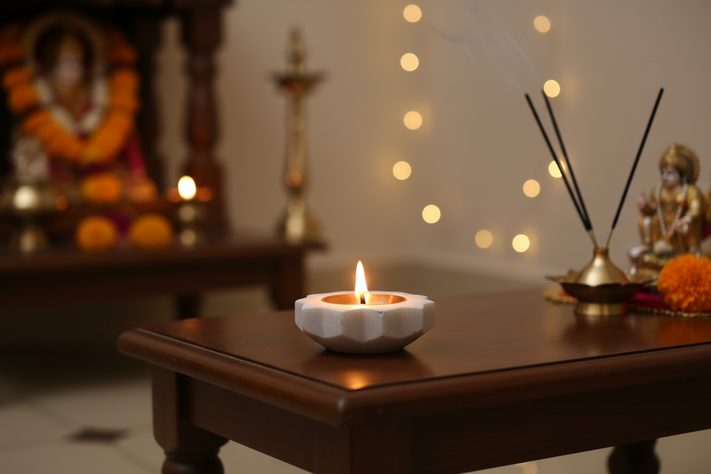 Natural marble diya lamp for spiritual ambiance.