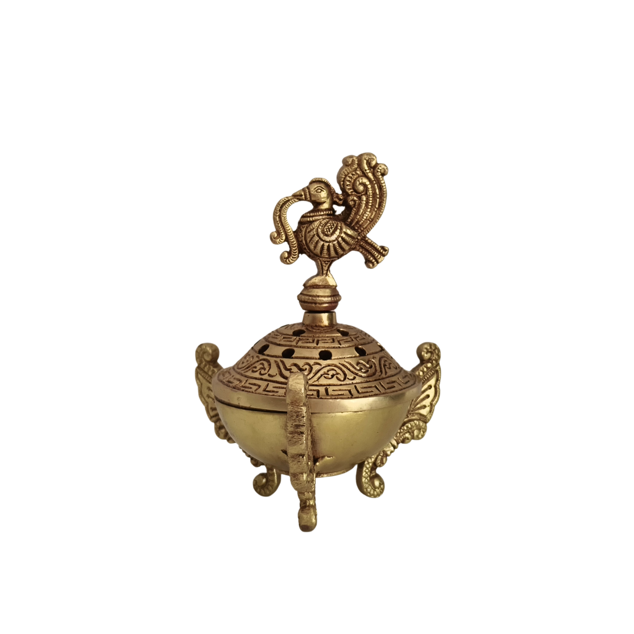 Ornate Handcrafted Brass Peacock Dhoop Dani / Incense Burner with Antique Finish