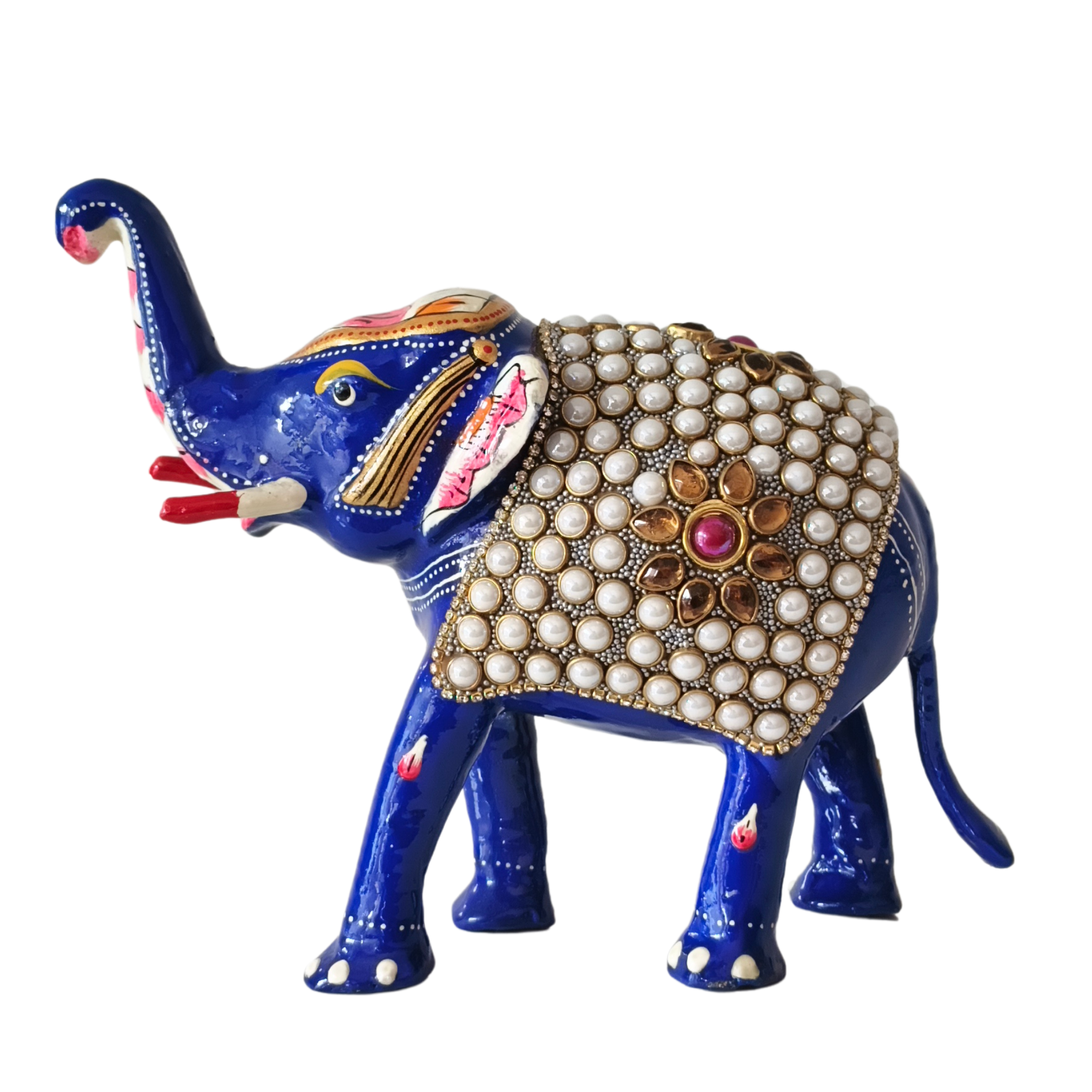 Hand-Painted Metal Elephant with Stone Inlay | Decorative Figurine