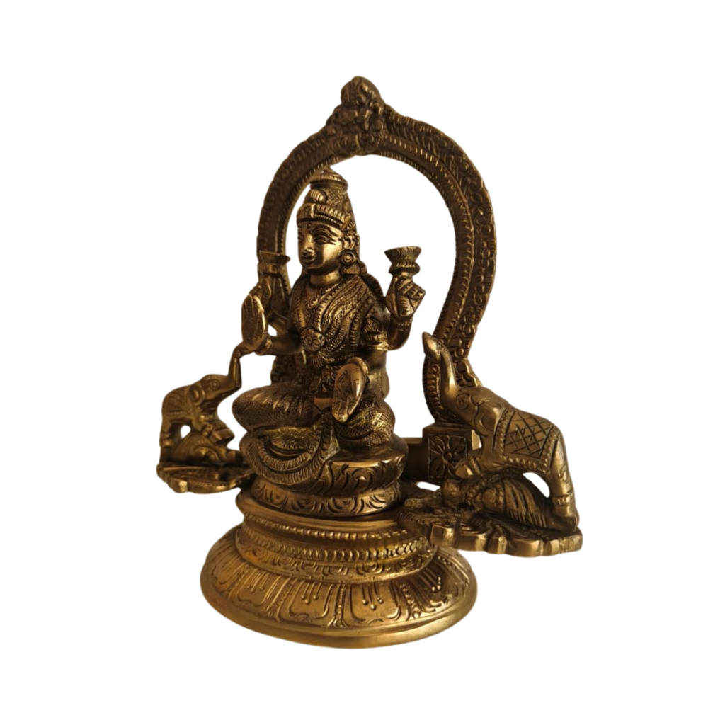 Traditional Goddess Lakshmi Seated on Lotus with Elephants Statue for Wealth & Prosperity   Brass Artwork