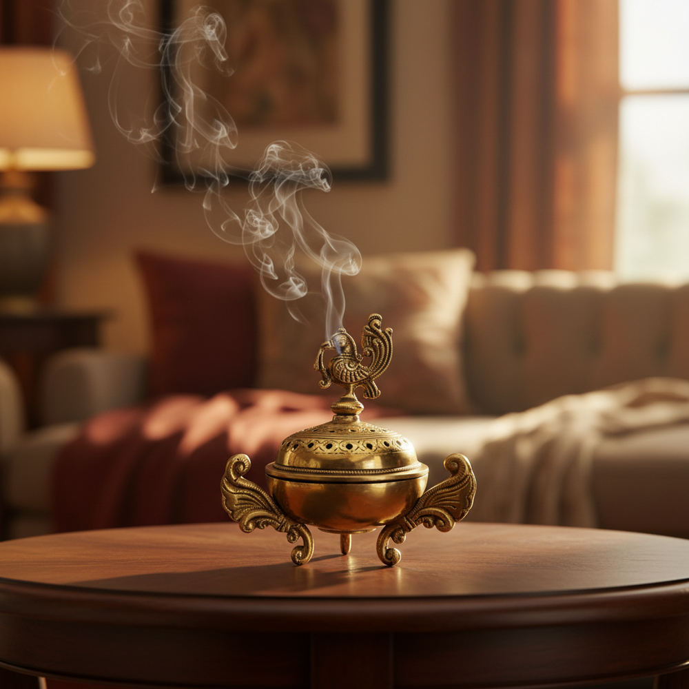 Royal Peacock Brass Sambrani Burner   Brass Artwork