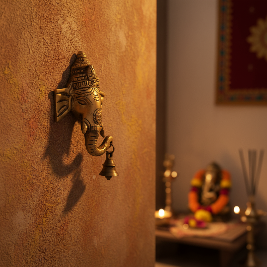 Auspicious Brass Ganesha Head Wall Hanging with Bell - Remover of Obstacles