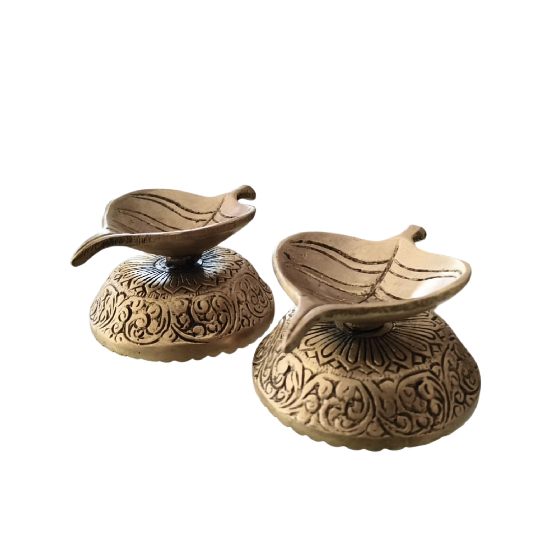 Pair of Ornate Brass Leaf-Shaped Diyas (Oil Lamps)