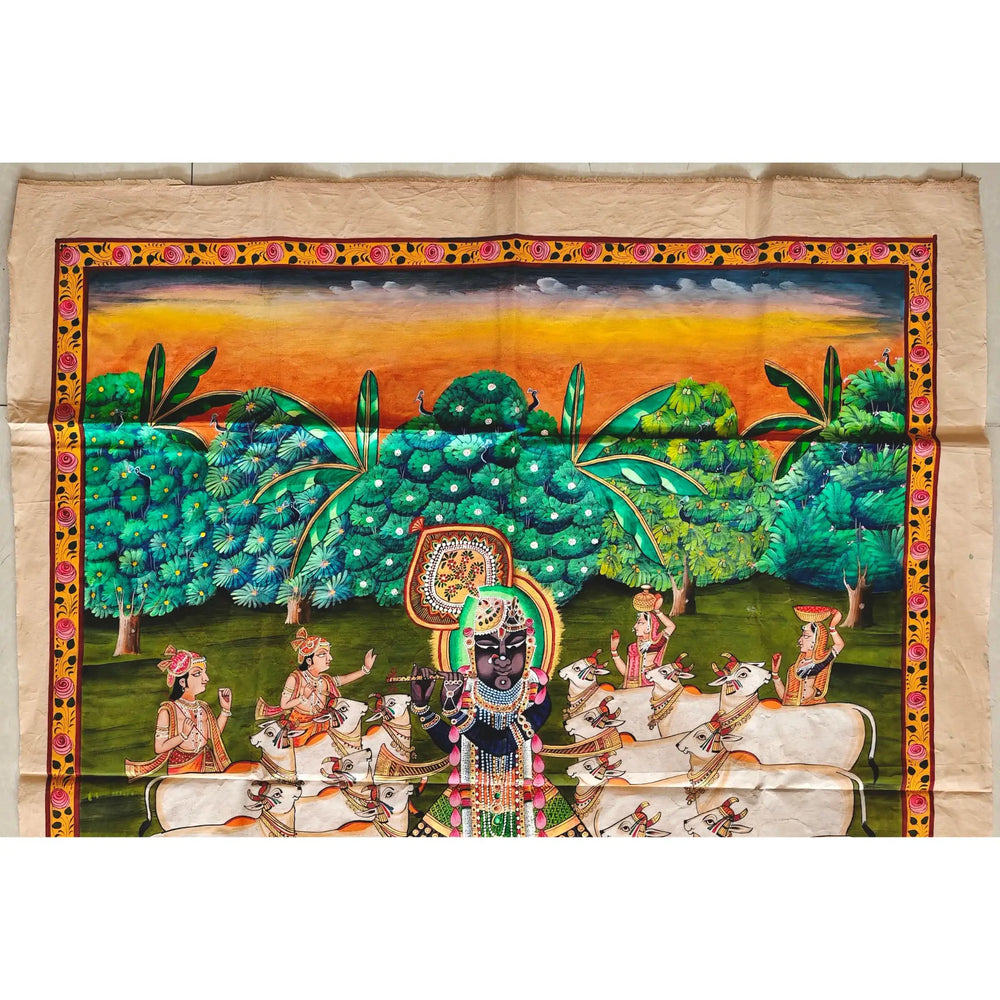 Traditional Shrinathji Pichwai Painting - Krishna with Gopis, Cows, and Peacocks   Paintings