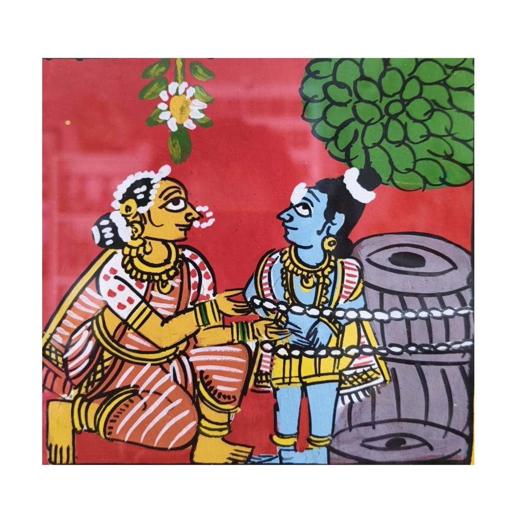 Yashoda Binding Child Krishna (Damodara Leela) - Hand-Painted Cheriyal Art   Cheriyala Painting