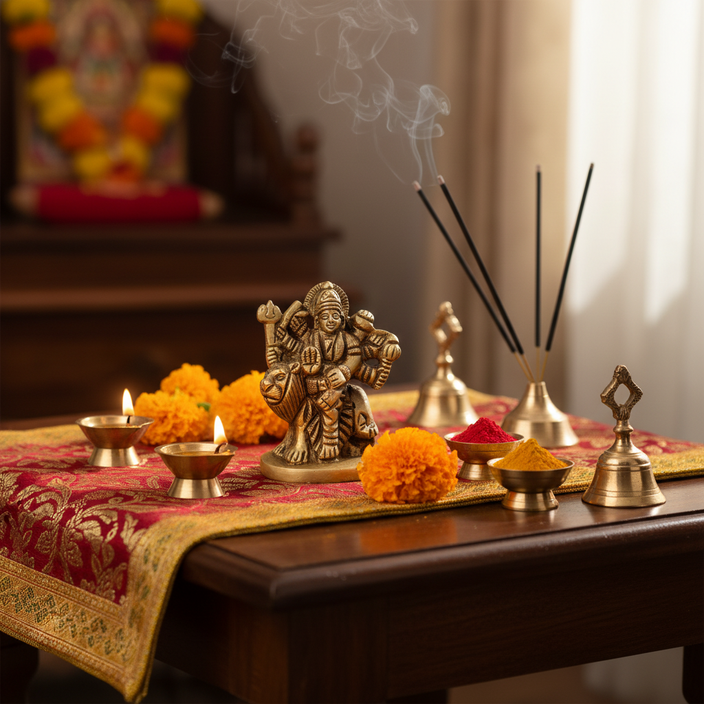 Handcrafted Brass Idol of Maa Durga (The Warrior Goddess) Riding Her Lion Vahana