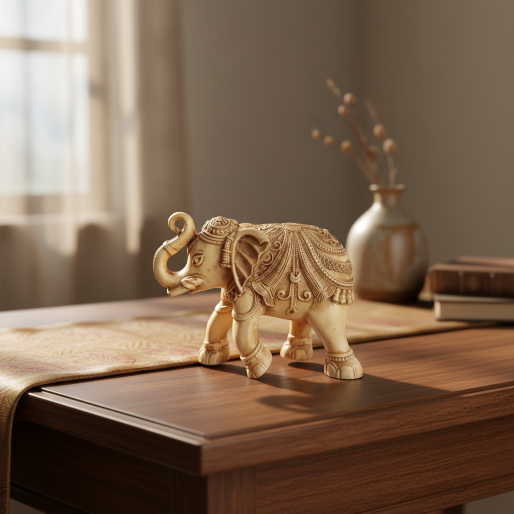 Intricately Carved Resin Elephant Figurine with Traditional Saddle