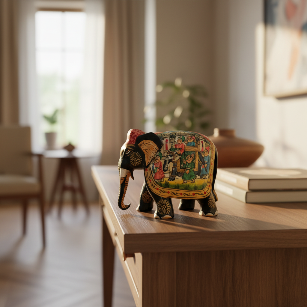 Black Painted Wooden Mughal Elephants – Elegant Decorative Figurines