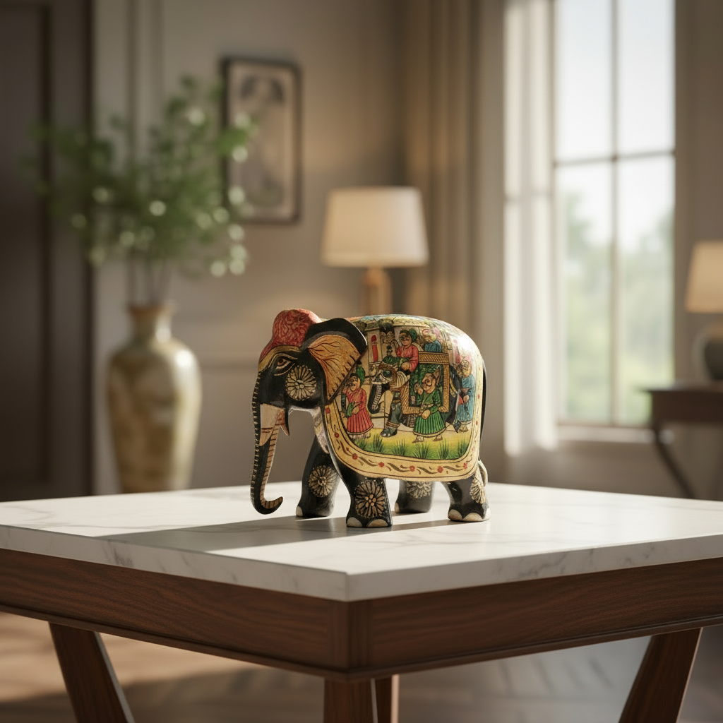 Black Painted Wooden Mughal Elephants – Elegant Decorative Figurines