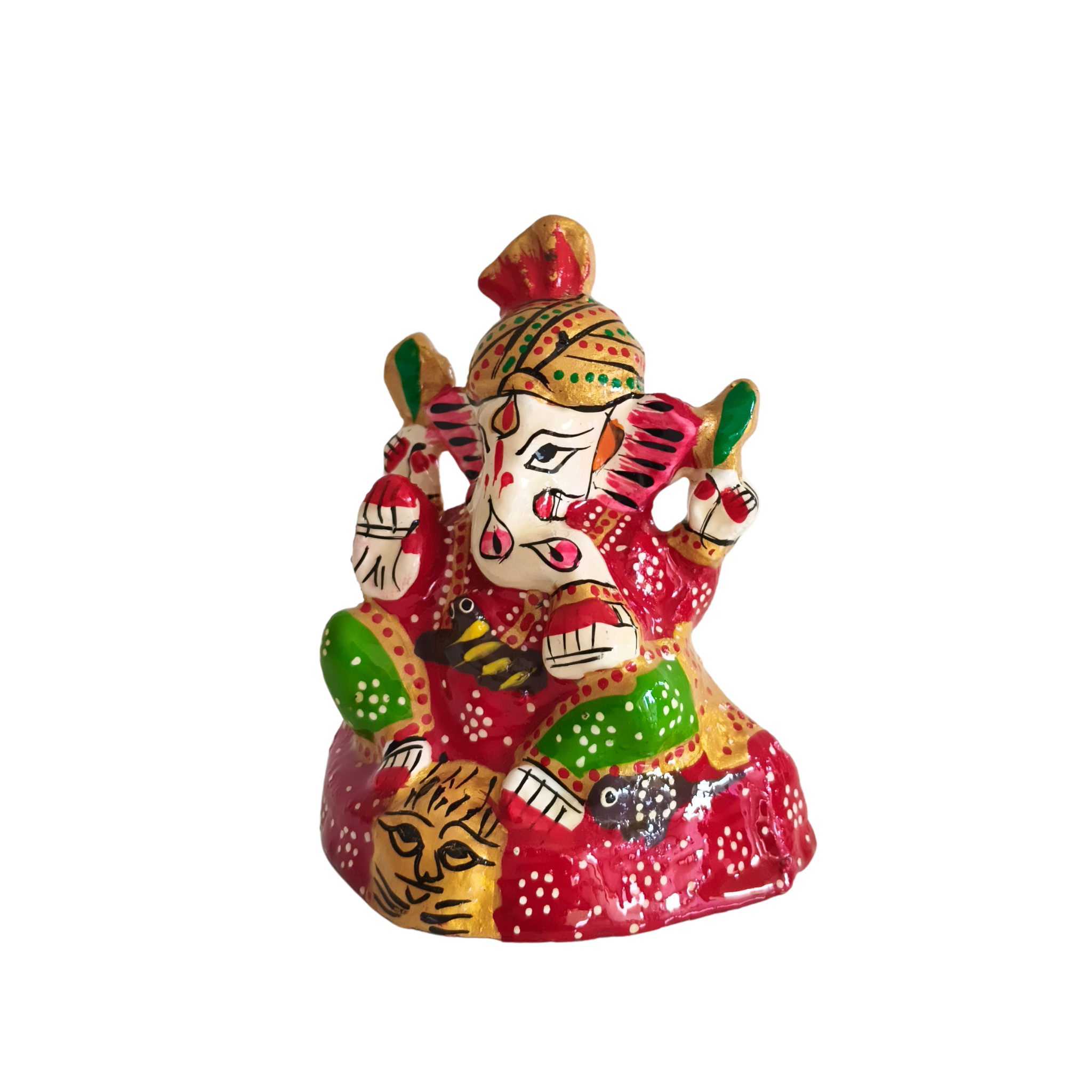 Hand-Painted Ganesha Idol - Auspicious Red Meenakari with Lion Base
