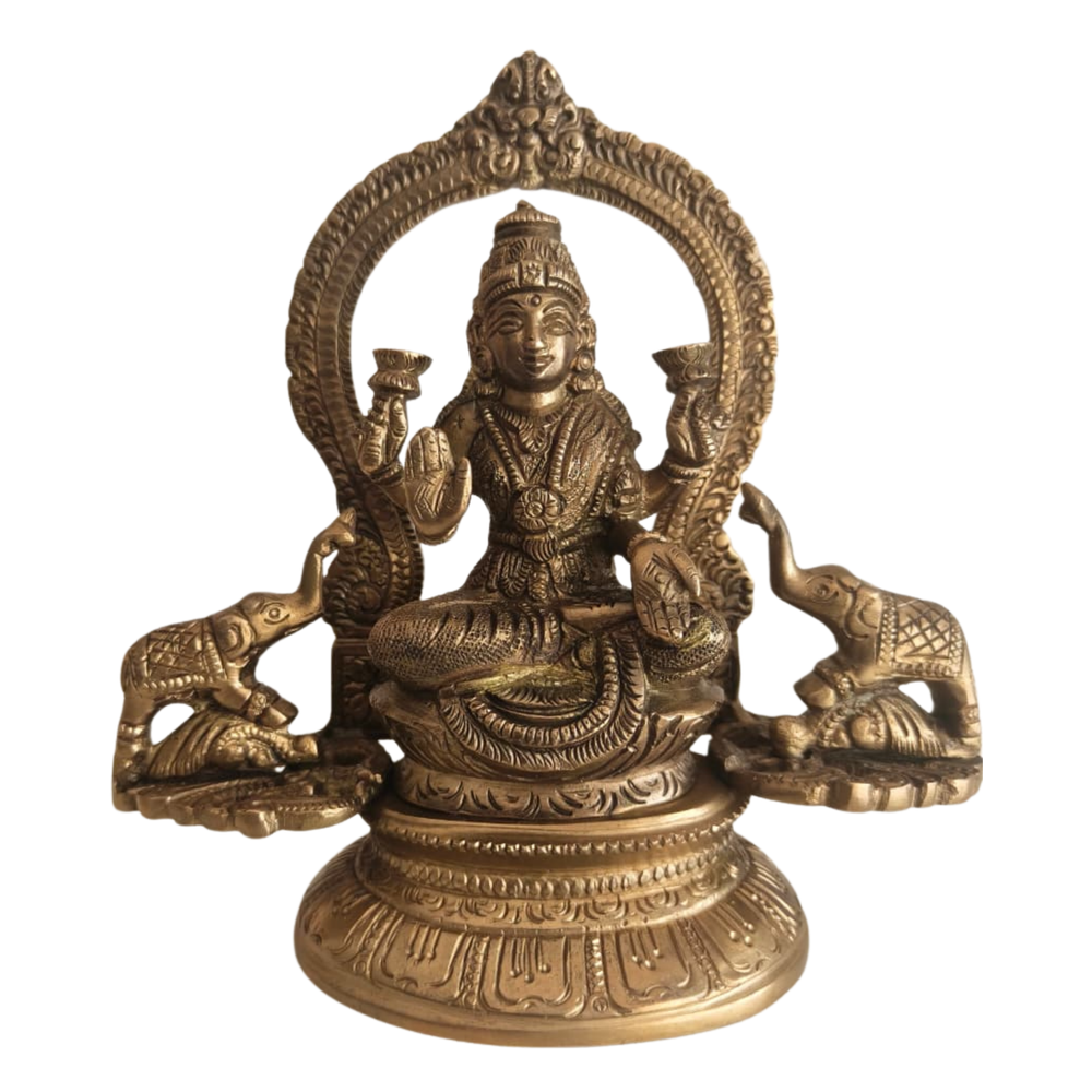 Traditional Goddess Lakshmi Seated on Lotus with Elephants Statue for Wealth & Prosperity   Brass Artwork