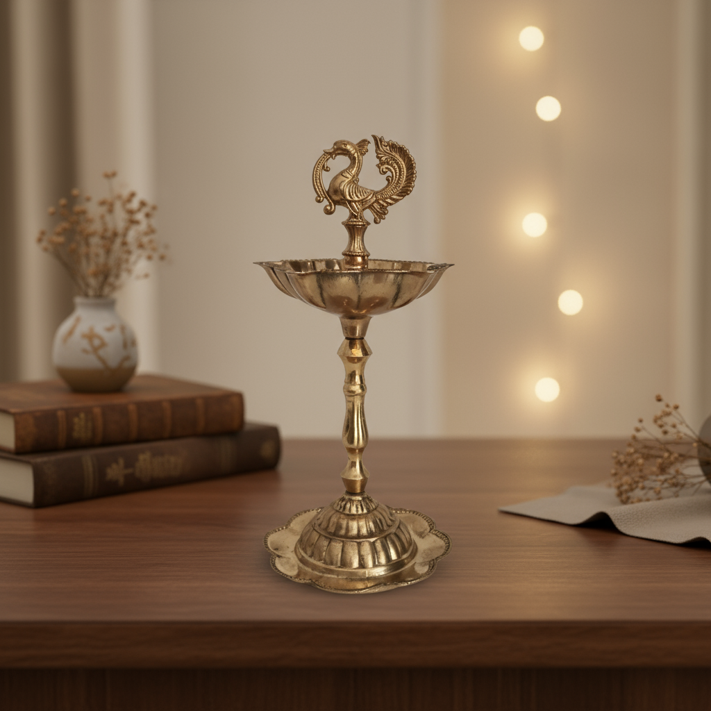 Elegant Traditional Brass Diya Stands (Kuthu Vilakku) with Peacock Finials