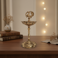 Elegant Traditional Brass Diya Stands (Kuthu Vilakku) with Peacock Finials