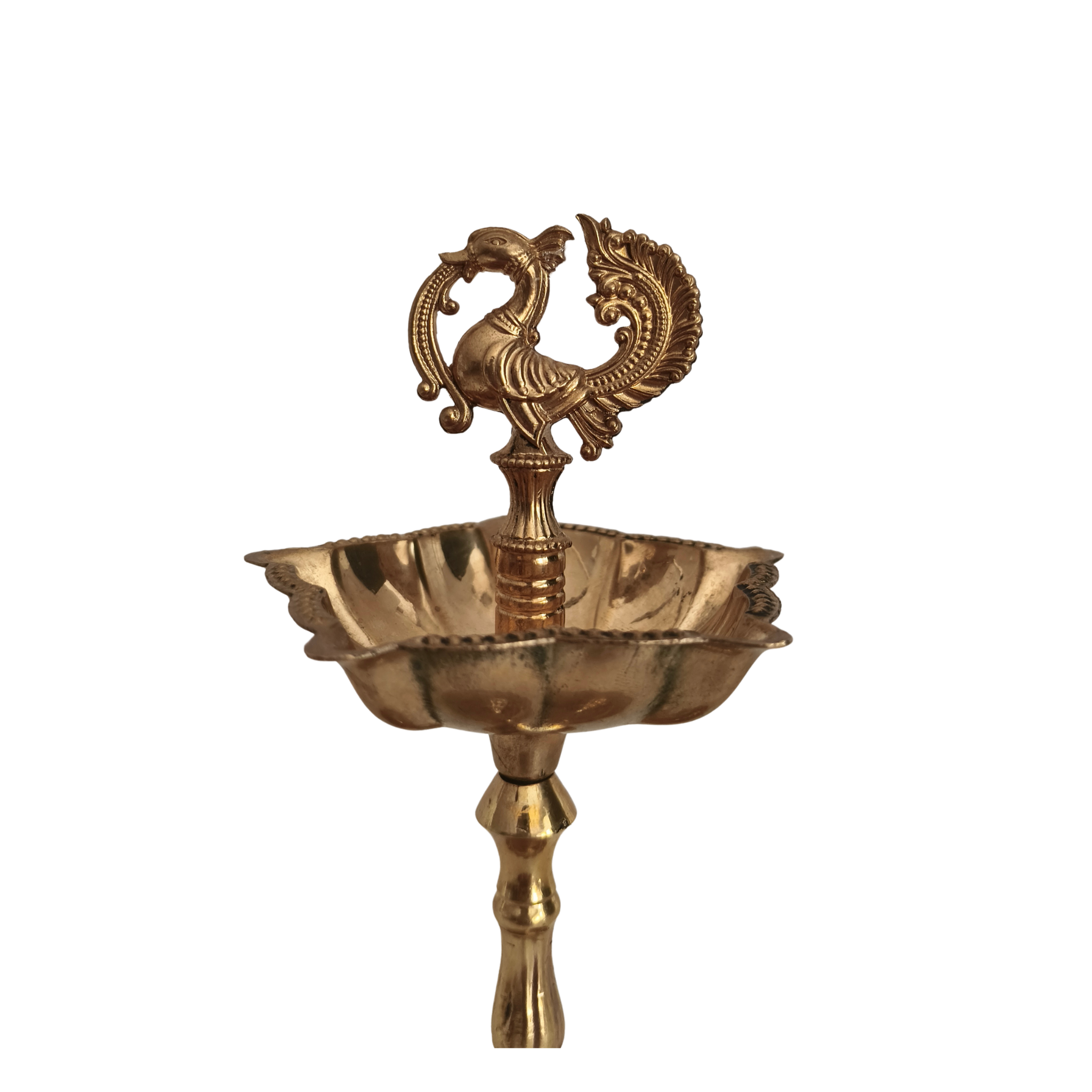 Elegant Traditional Brass Diya Stands (Kuthu Vilakku) with Peacock Finials